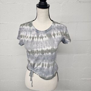 Aerie T-Shirt XS Gray Tie Dye Cinched Hem Front Tie Short Sleeve Distressed